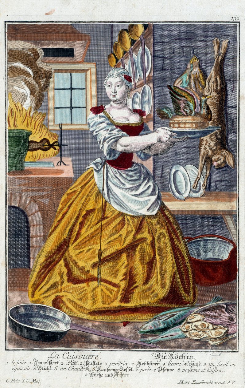 The cook. Engraving by Martin Engelbrecht, in New assembly of the manouvries habilles, 18th century, Germany. Paris, Decorative Arts by Martin Engelbrecht