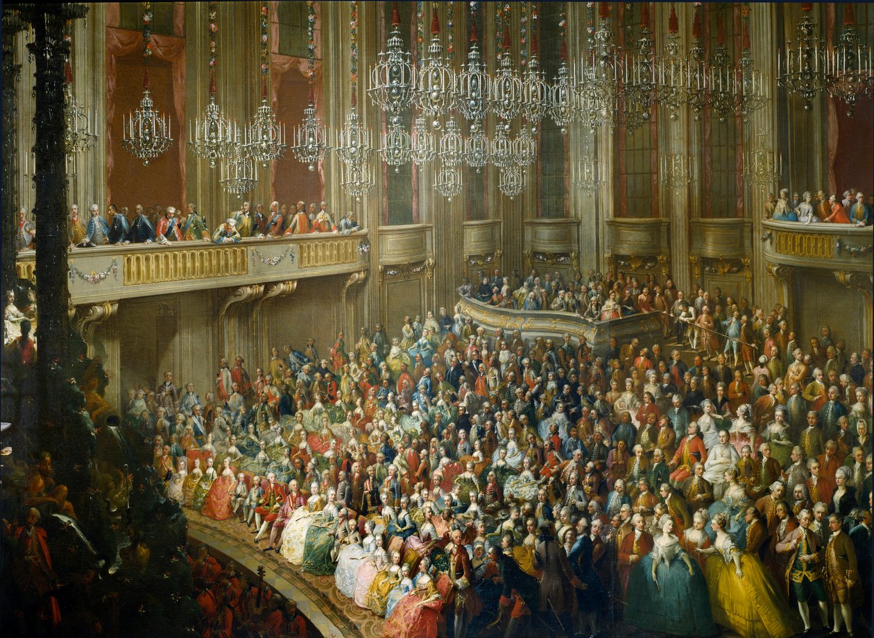 Feast given in honor of Mary Therese of Austria (1717-1780), Joseph II (1741-1790) who became emperor and wife of Isabella of Parma (Bourbon-Parma) on 10/10/1760 the young Wolfgang Amadeus Mozart (1756-1791) is present. Painting from the Sc by Martin II (school of) Mytens or Meytens