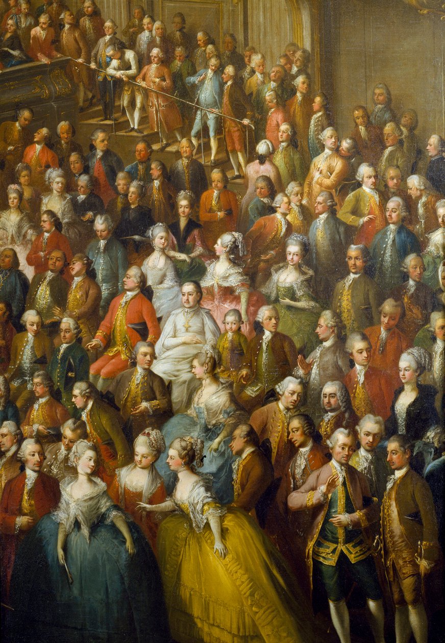 Feast given in honor of Mary Therese of Austria (1717-1780), the future Emperor Joseph II (1741-1790) and his wife Isabella of Parma (Bourbon-Parma) on 10/10/1760 (detail) depicting in the centre the young Wolfgang Amadeus Mozart (1756-1791) by Martin II Mytens or Meytens