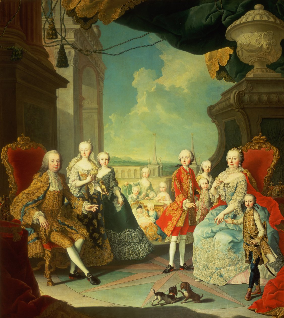 Maria Theresa and her Husband at the staircase leading from the Great Hall of Schloss Schonbrunn into the large courtyard, with their children Joseph II, Karl, Leopold II, Ferdinand, Mariana, Elizabet by Martin II Mytens or Meytens