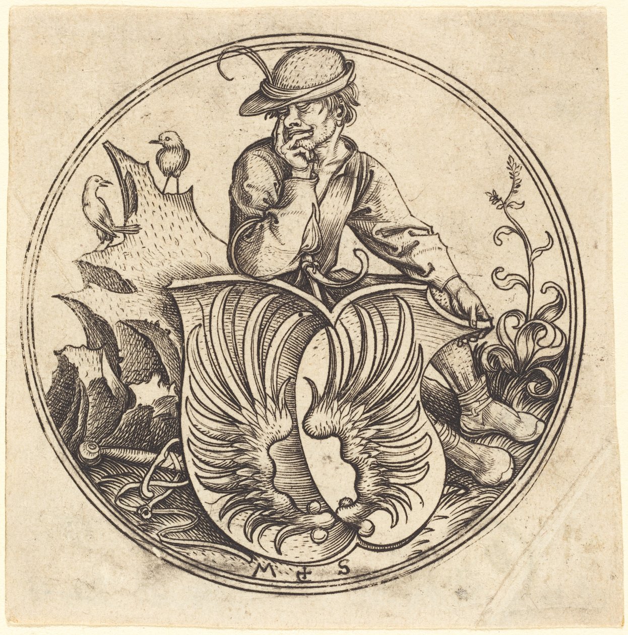 Shield with Wings, Held by Peasant by Martin Schongauer