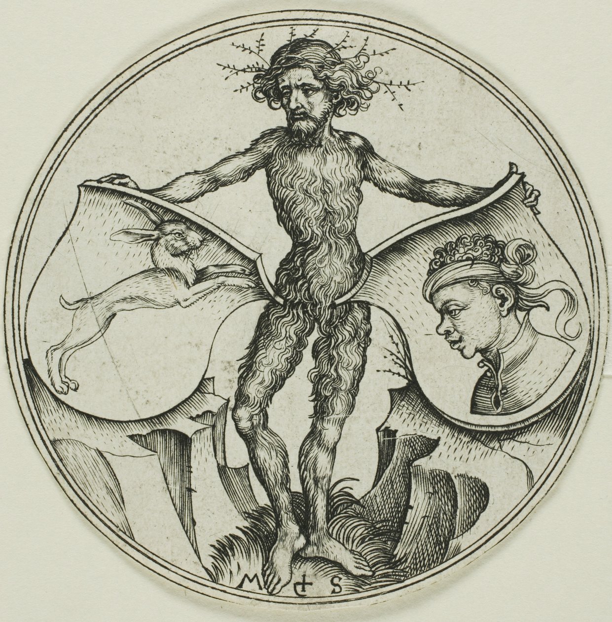 Two Shields with a Hare and a Moor's Head, Held by a Wild Man