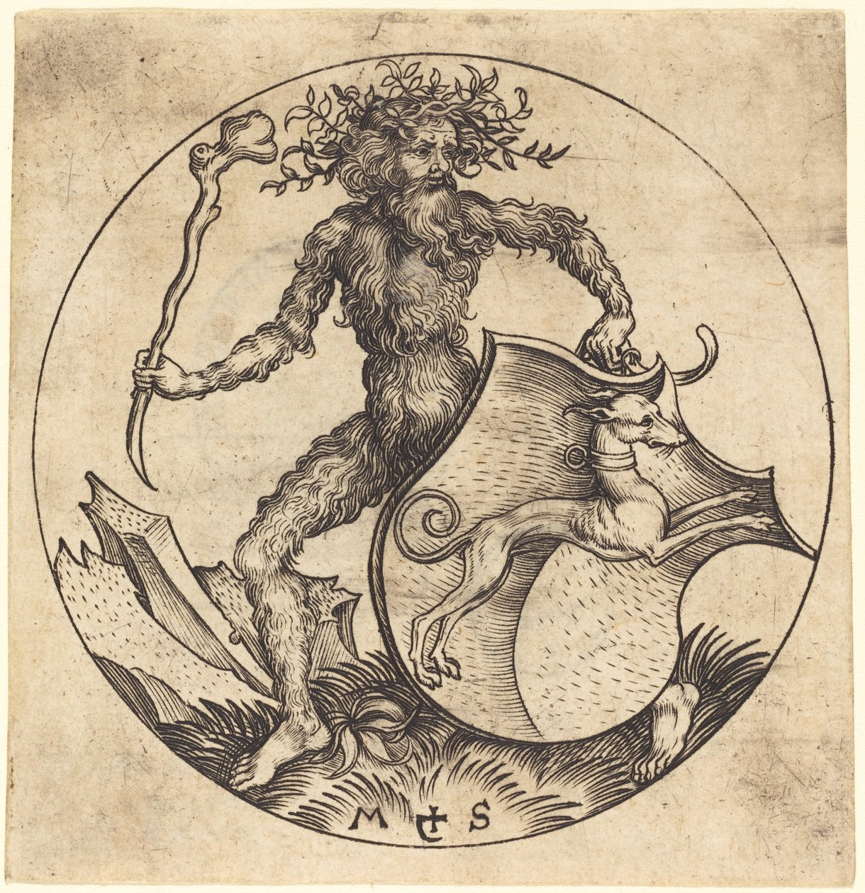 Wild Man Holding a Shield with a Greyhound by Martin Schongauer