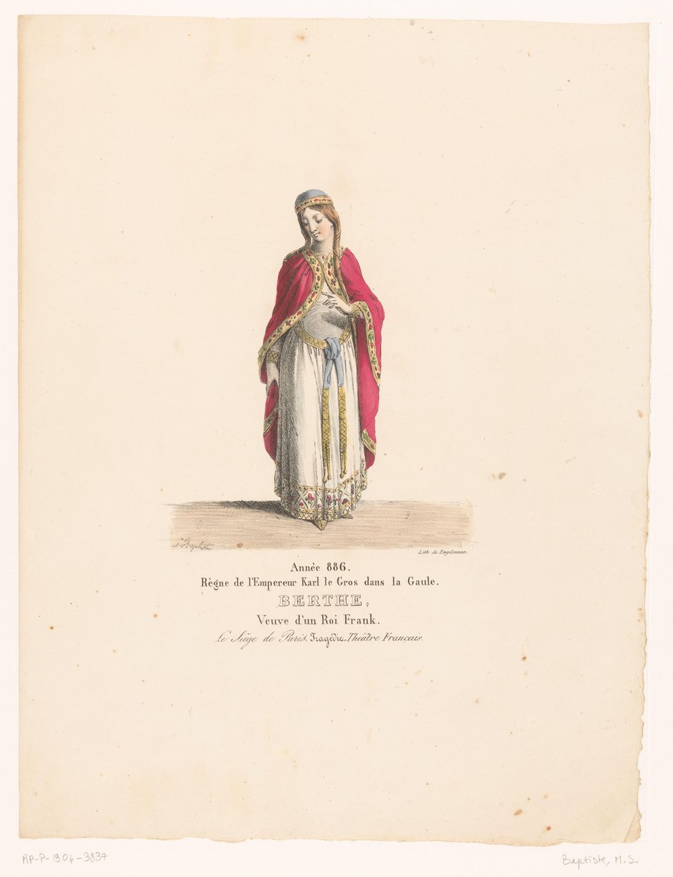 Costume of Queen Berthe from the Tragedy Le Siège de Paris (Berthe) (Theater Costumes) (Théâtre Français: Collection of Costumes by MM. J. Alaux and L. Duponchel after the Manuscript Drawings of the Bibliothèque de la Comédie) by Martin Sylvestre Baptiste