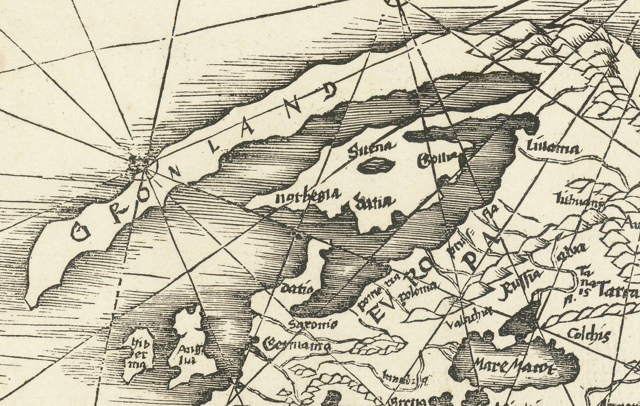 1513 Map of the North Sea Showing Greenland Connected to Scandinavia by Martin Waldseemuller