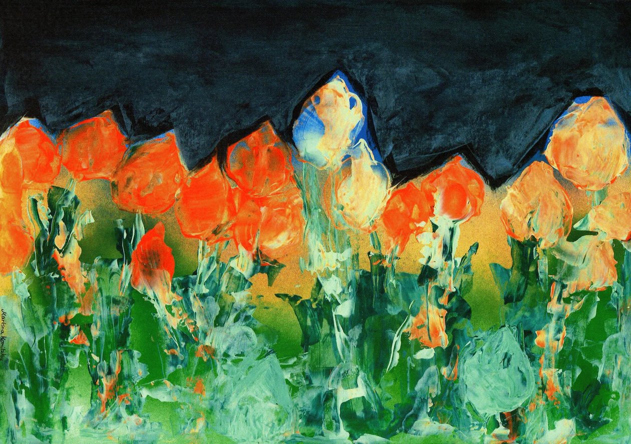 Black Rain Sky over a Mountain Landscape with Flowers by Martina Konitzky