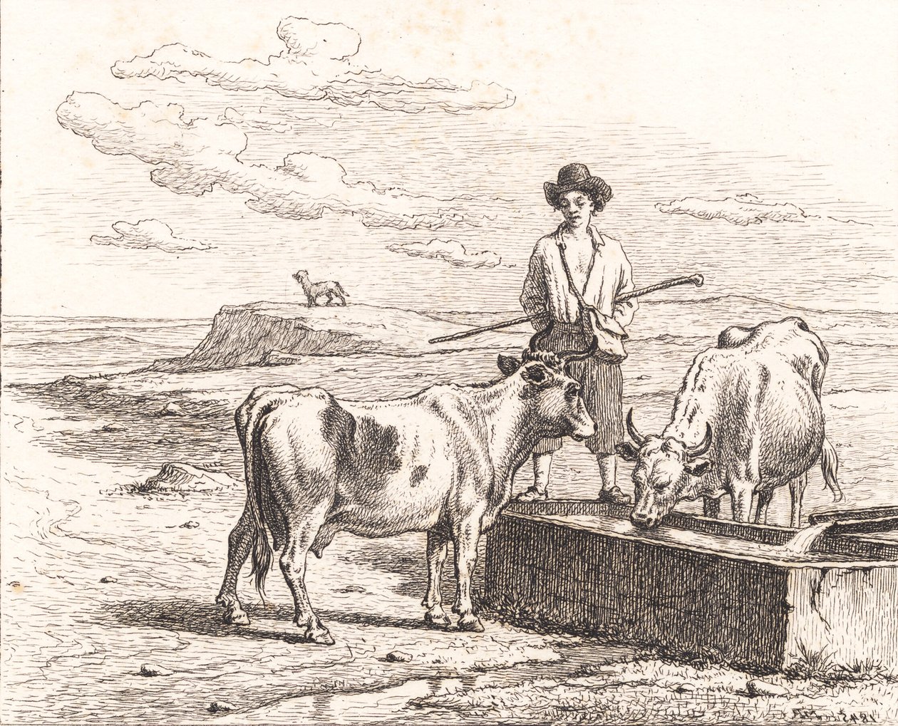 A Shepherd Boy by a Watering Trough. Illustration for Chr. Winther "Twenty-Five Pictures for Small Children" by Martinus Rørbye