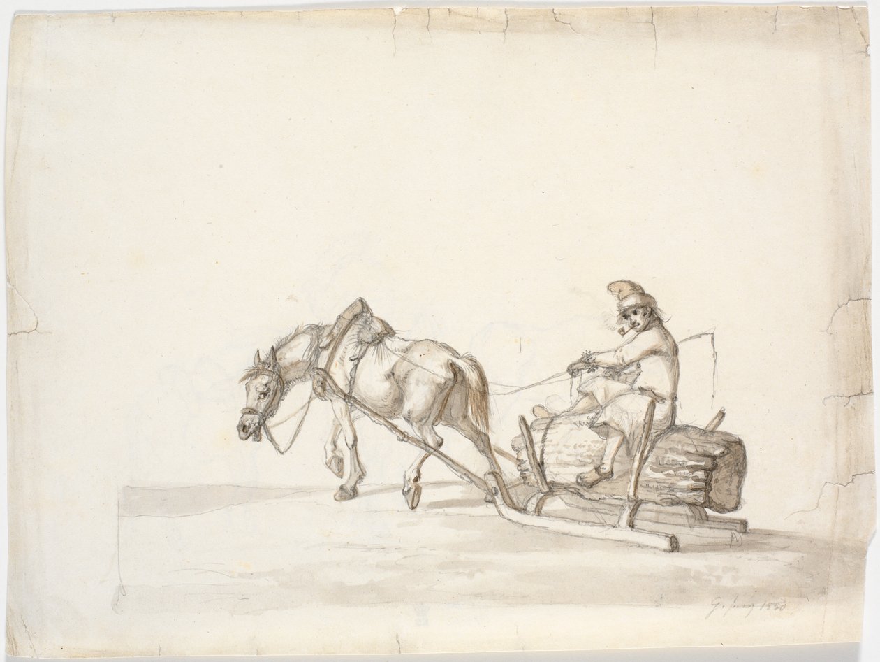 Horse-Drawn Sleigh with a Man on a Bundle of Reeds