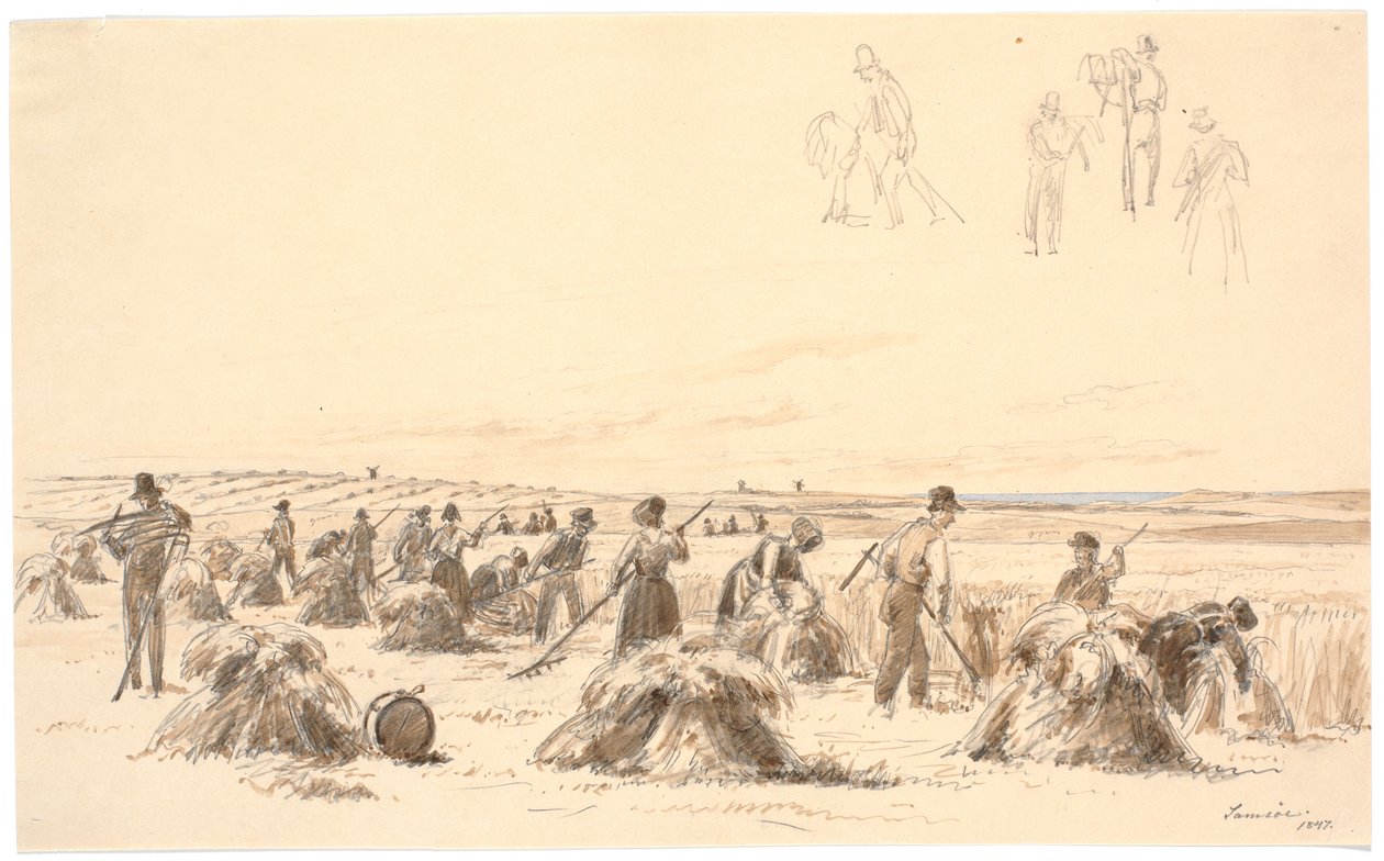 Harvest Workers in the Field. In the Background, Mills and the Sea by Martinus Rørbye
