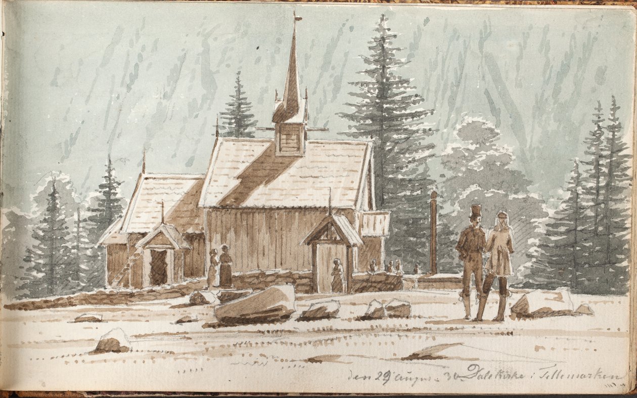 People by a Stave Church. A Mountain Slope in the Background by Martinus Rørbye