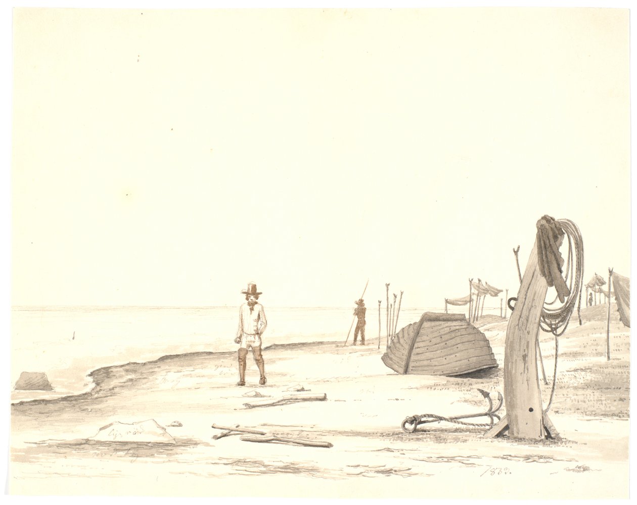 Beach Scene with Inverted Boat and Two Fishermen by Martinus Rørbye