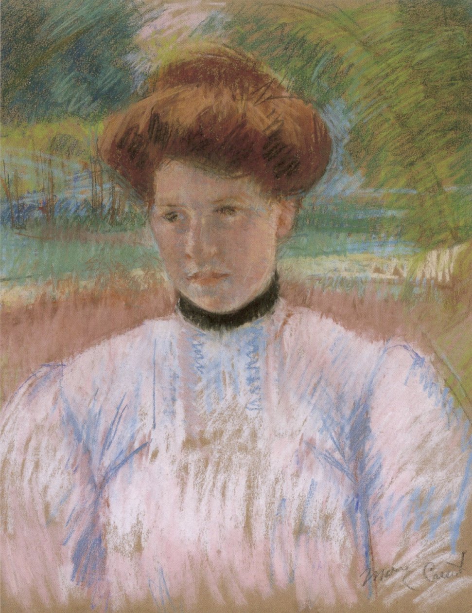 Young Woman with Auburn Hair in a Pink Blouse by Mary Cassatt
