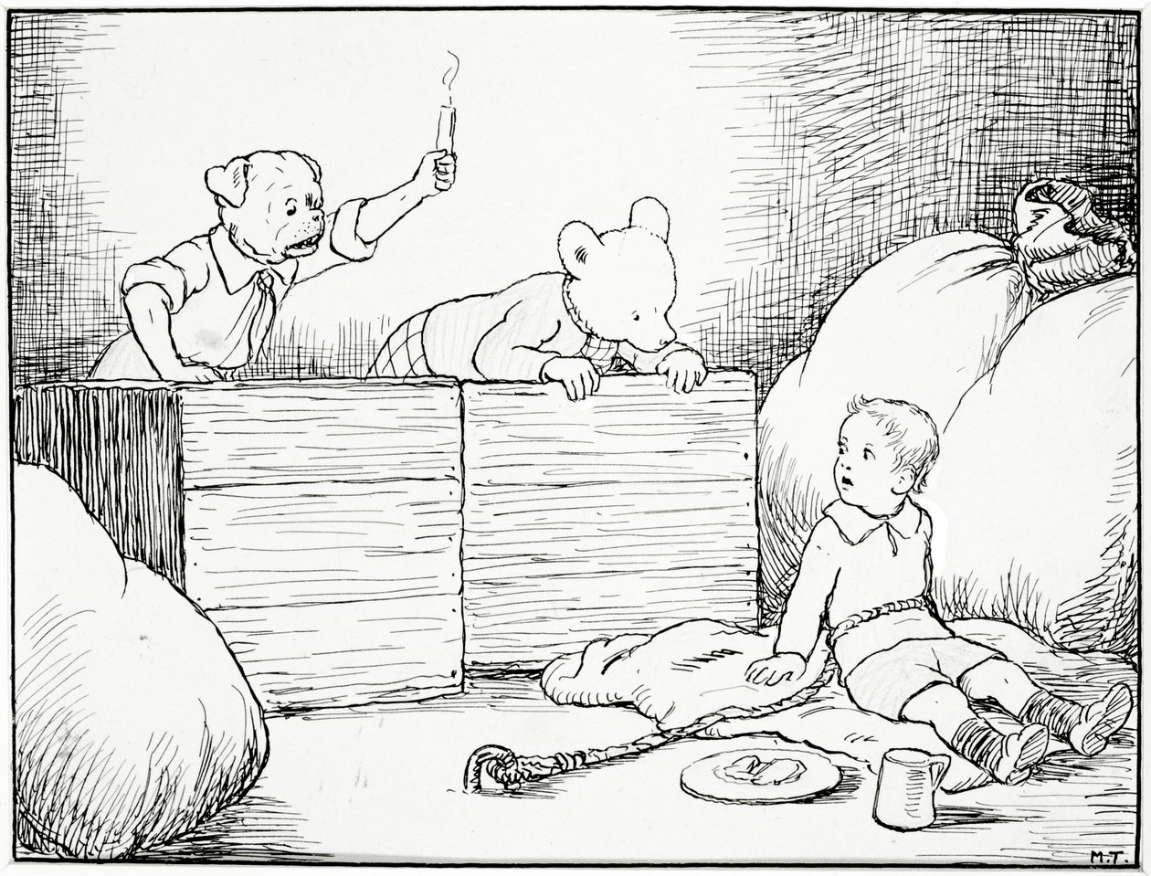 They saw a small boys upturned face gazing at them in fright, illustration from Rupert Bear Goes Hiking, pub. by Marston & Co., London, 1920s by Mary Tourtel