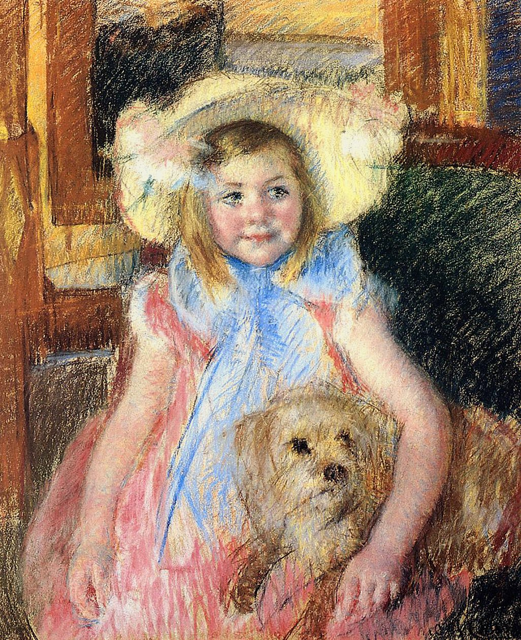 Sara in a Large Flowered Hat, Looking Right, Holding Her Dog, c.1901 by Mary Cassatt