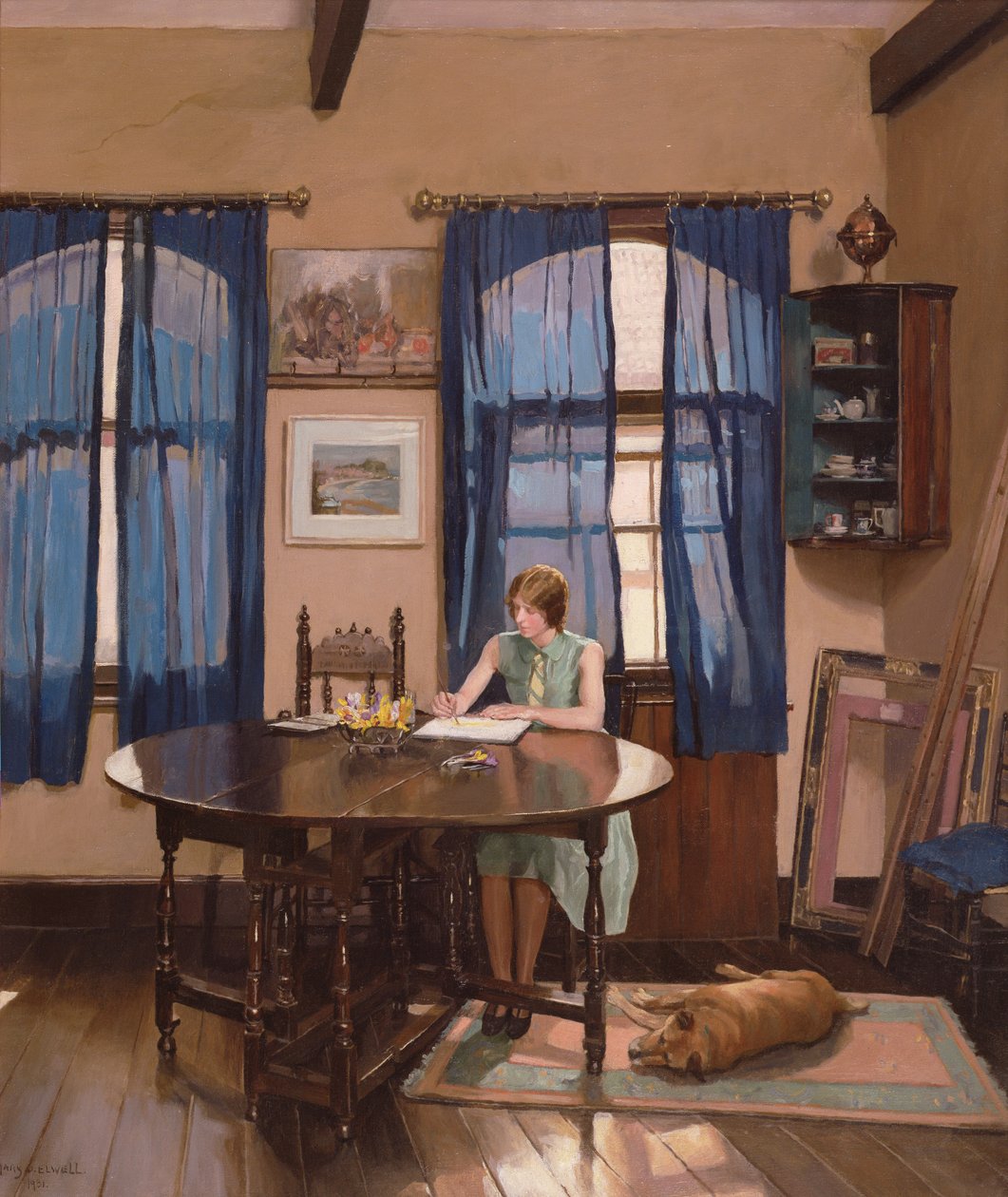 Interior with a woman artist painting at a gate leg table by Mary Dawson Elwell