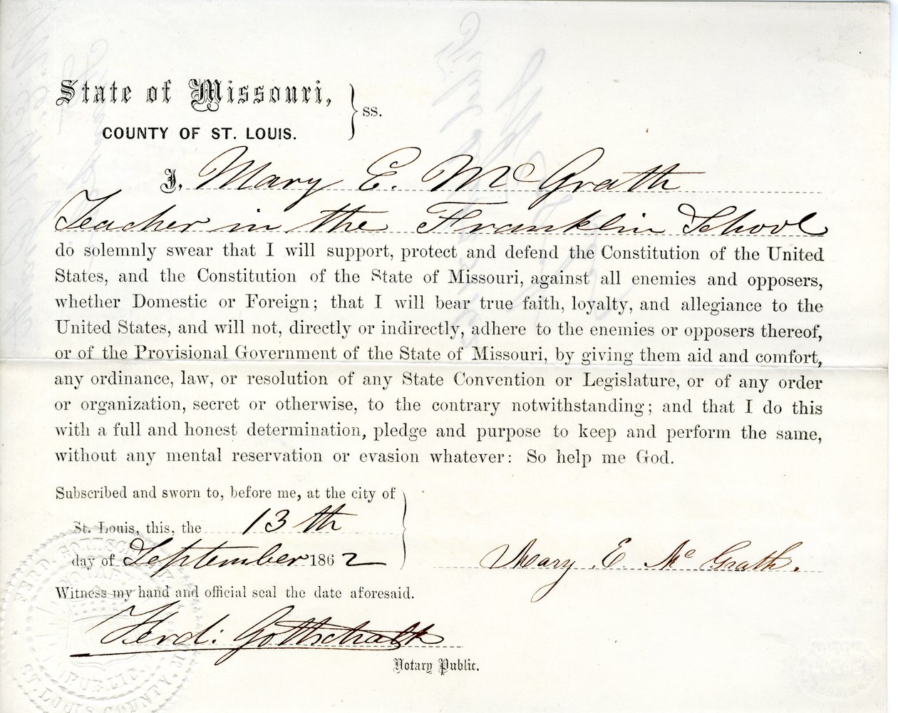 Loyalty oath of Mary E. McGrath of Missouri, County of St. Louis by Mary E. McGrath