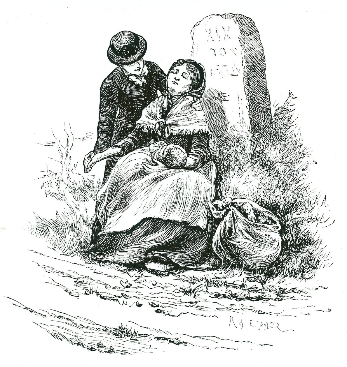 A Destitute, Unmarried Mother Found Exhausted on Her Way to the Workhouse with Her Baby. Illustration by Mary Ellen Edwards by Mary Ellen Edwards