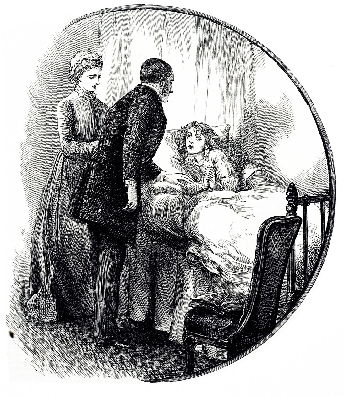 An engraving depicting a doctor visiting his young patient at home. Illustrated by Mary Ellen Edwards by Mary Ellen Edwards