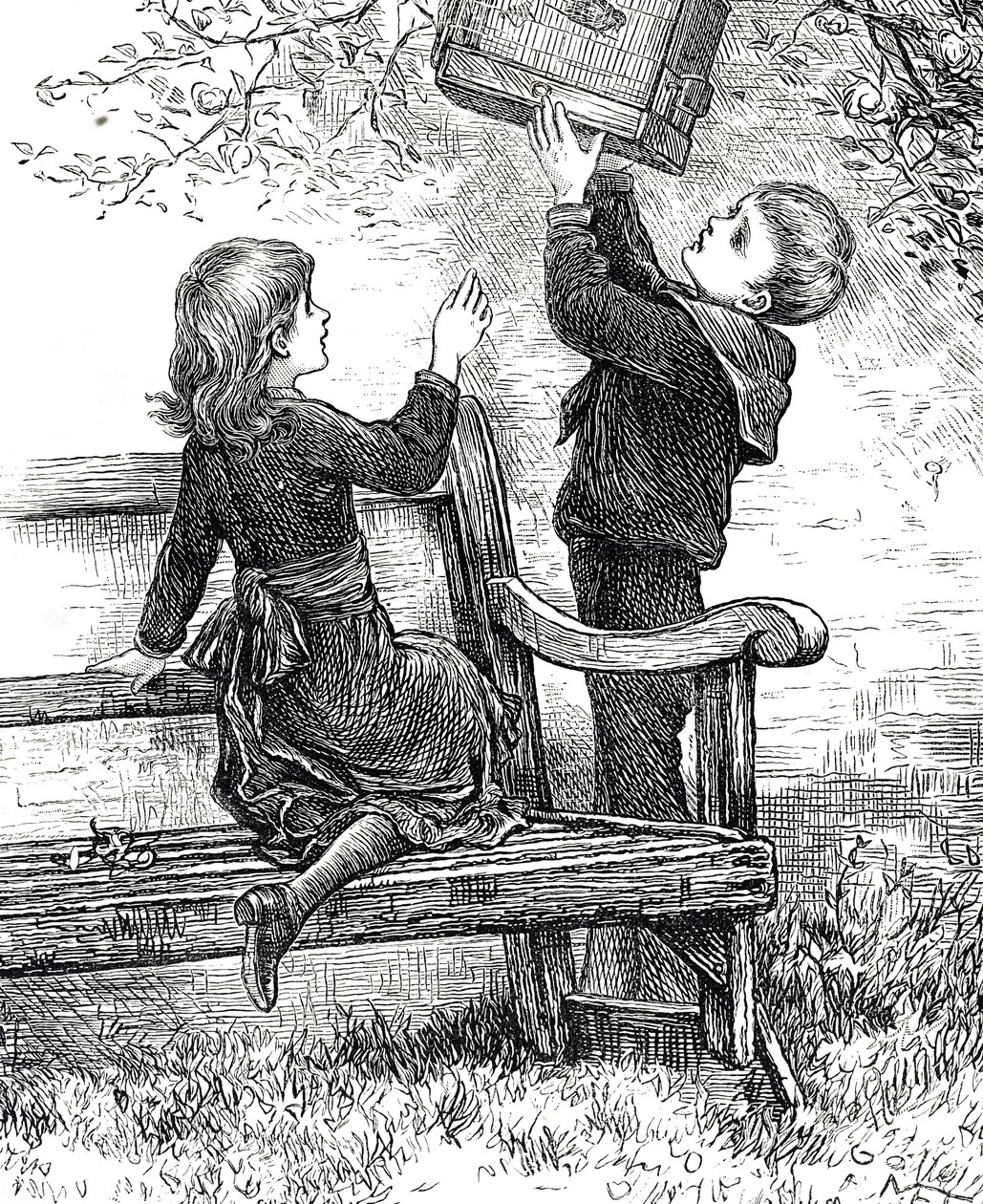Engraving Depicting Children with Their Pet Sparrow in Its Cage by Mary Ellen Edwards