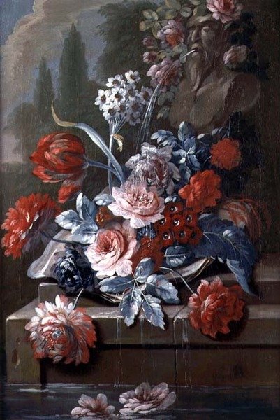 Still Life of Flowers by a Fountain by Mary Moser