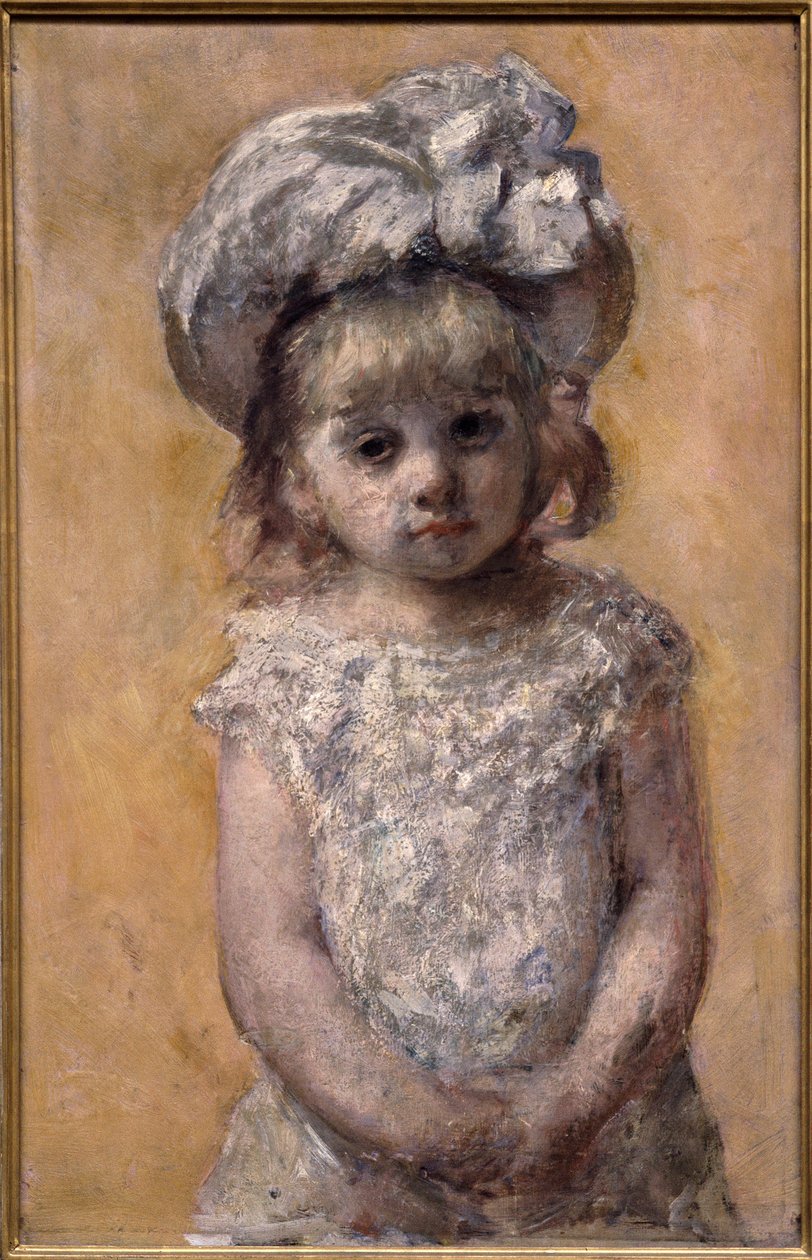 Portrait of girl in lace dress. Portrait of a little girl in a white dress looks sad. Painting by the American Mary Cassatt by Mary Stevenson Cassatt