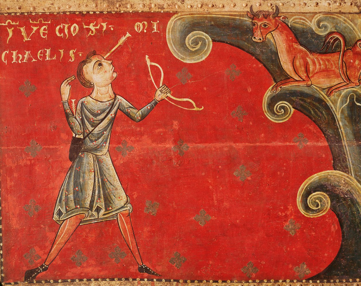 The arrow shot to kill a bull that had escaped from the herd on Mount Gargano returns to smite the shooter on the order of Saint Michael by Master of Llussà