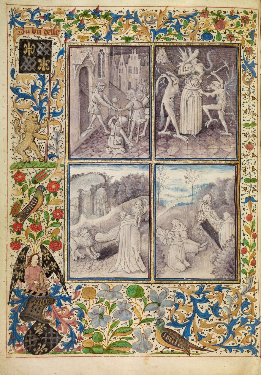 Saint Anthony Giving his Clothing to the Poor; Anthony Suffering Temptations; Anthony Burying Paul in the Desert; The Death and Burial of Saint Anthony by Master of the Brussels Romuléon or workshop