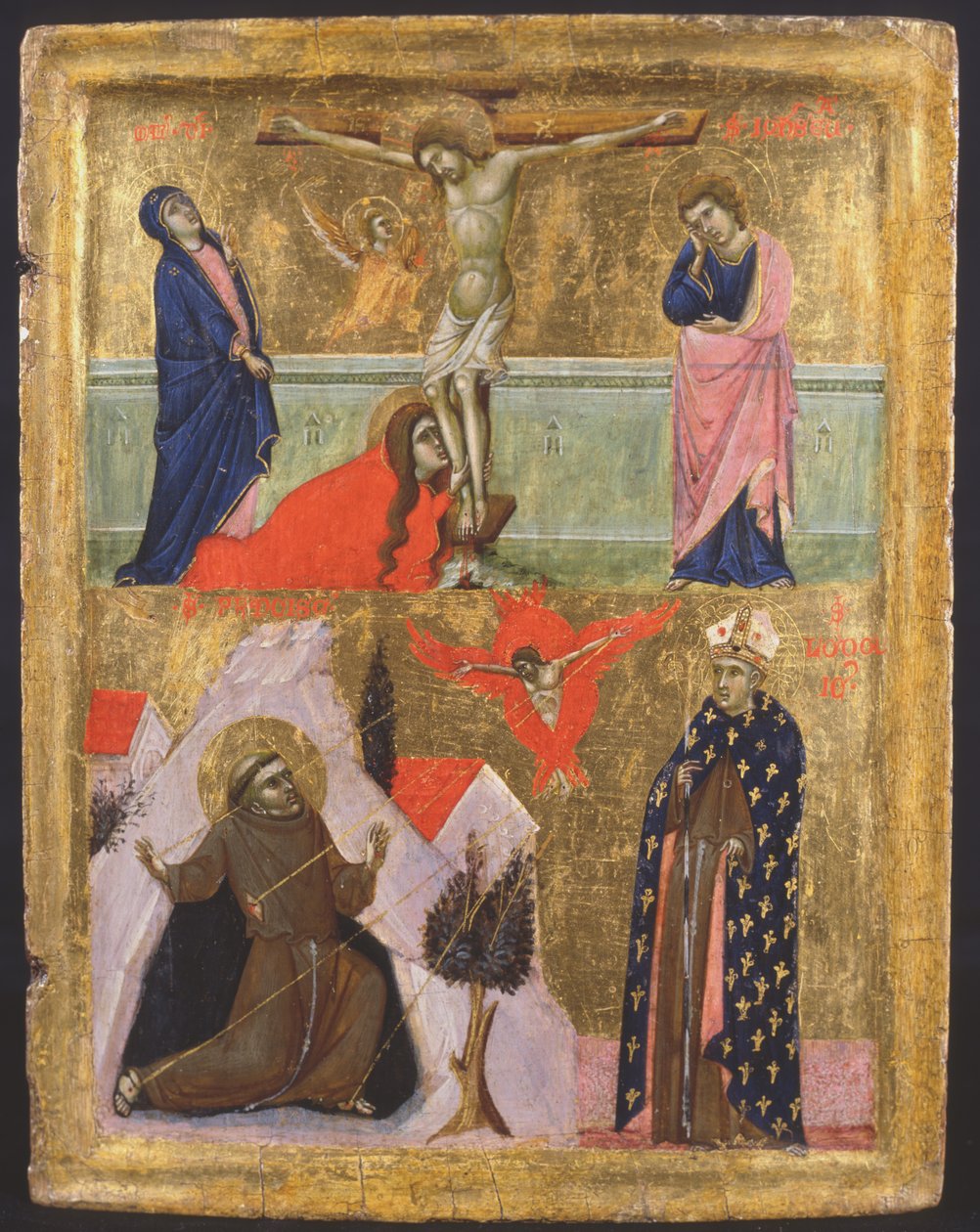 Crucifixion and the Stigmata of St Francis of Assisi and St Lodovico of Toulouse by Master of the Sterbini Diptych