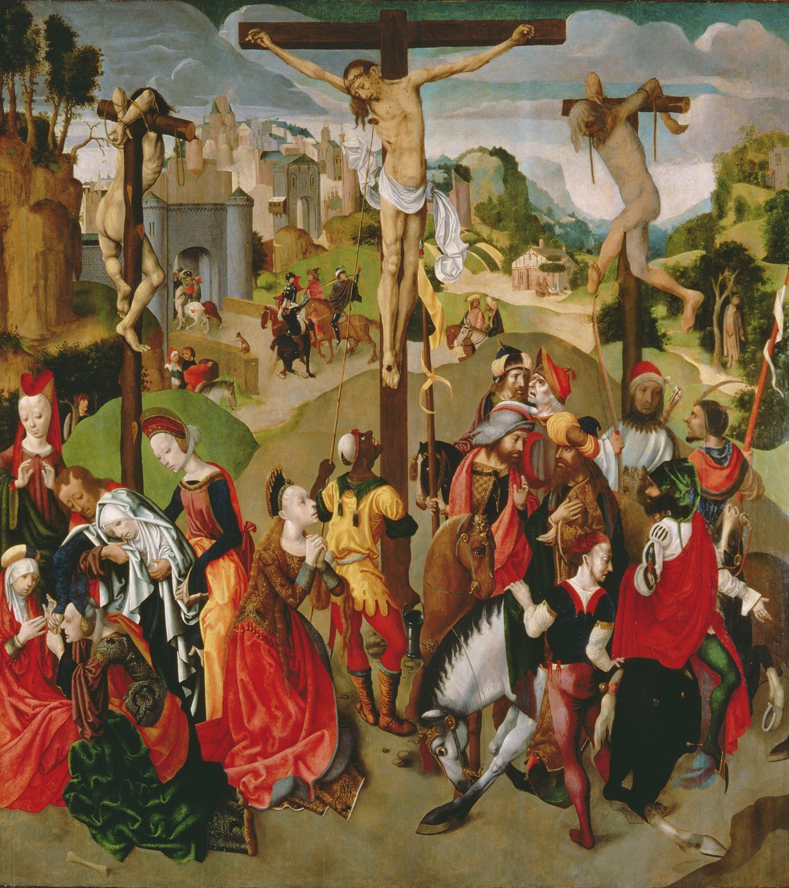 Centre panel of a Crucifixion triptych by Master of the Virgo Inter Virgines