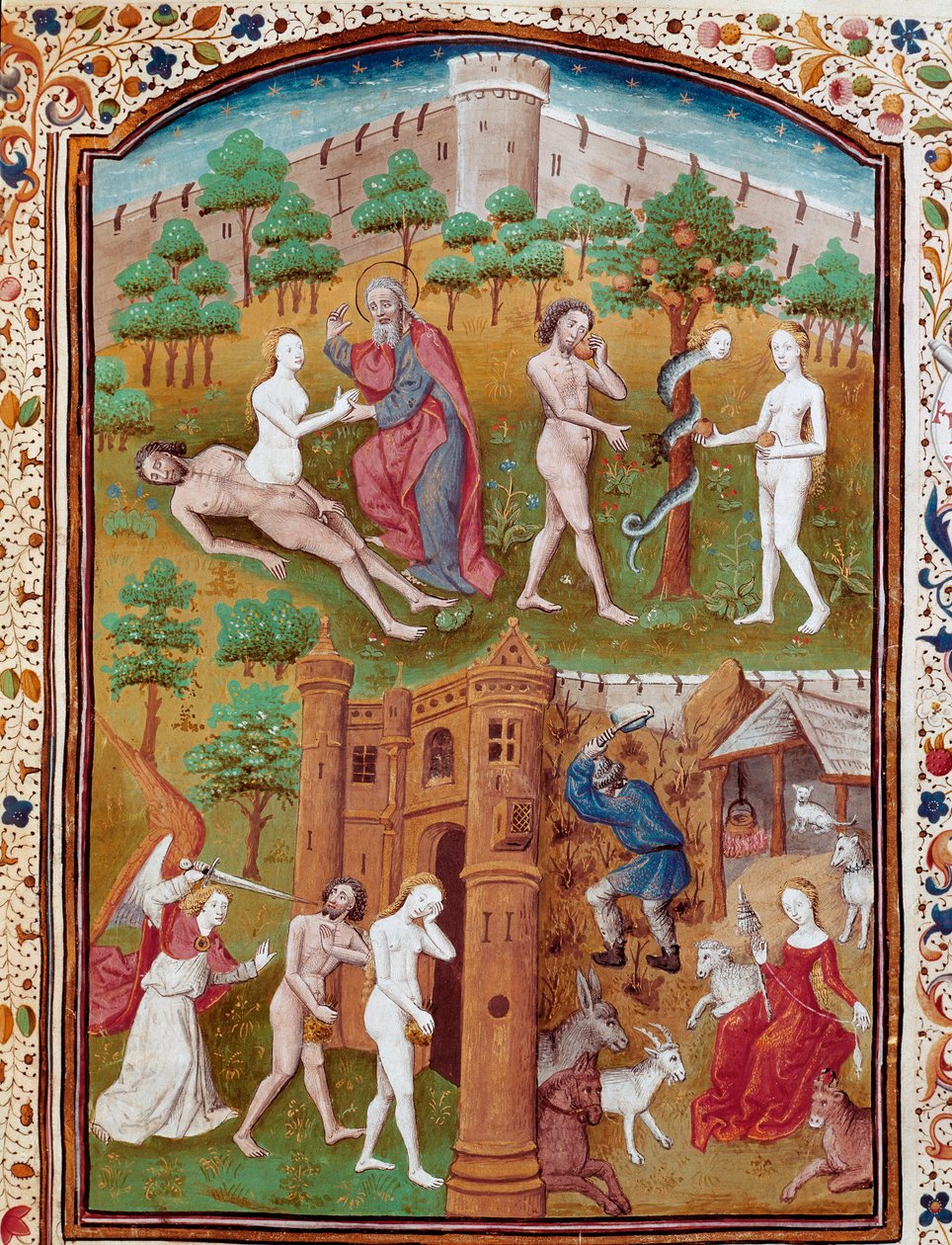 Birth of Eve from the Rib of Adam, Adam and Eve Picking the Forbidden Fruit and Then Expelled from Paradise (from 