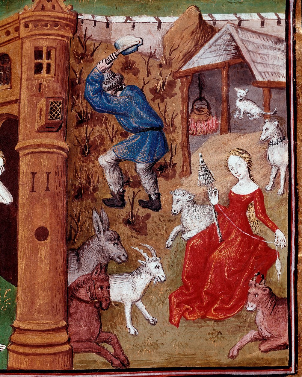 Representation of Adam picking the earth and Eve spinning the wool after being expelled from the earthly Paradise. Miniature taken from Des cas des nobles hommes et femmes infortunes (De casibus) by Giovanni Boccaccio (Jean Boccace) by Master Dunois