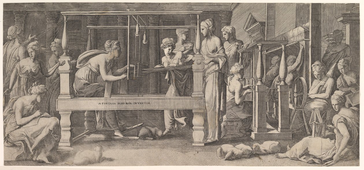 Women Spinning, Weaving and Sewing by Master FG
