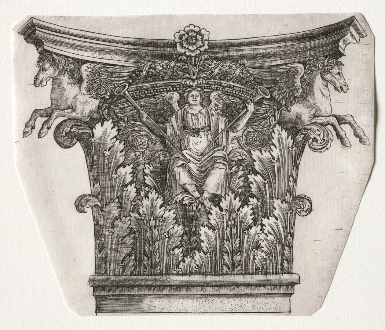 Base and Capital with Figure of Fame and Winged Horses, c. 1525-1550 by Master G. A. with the man