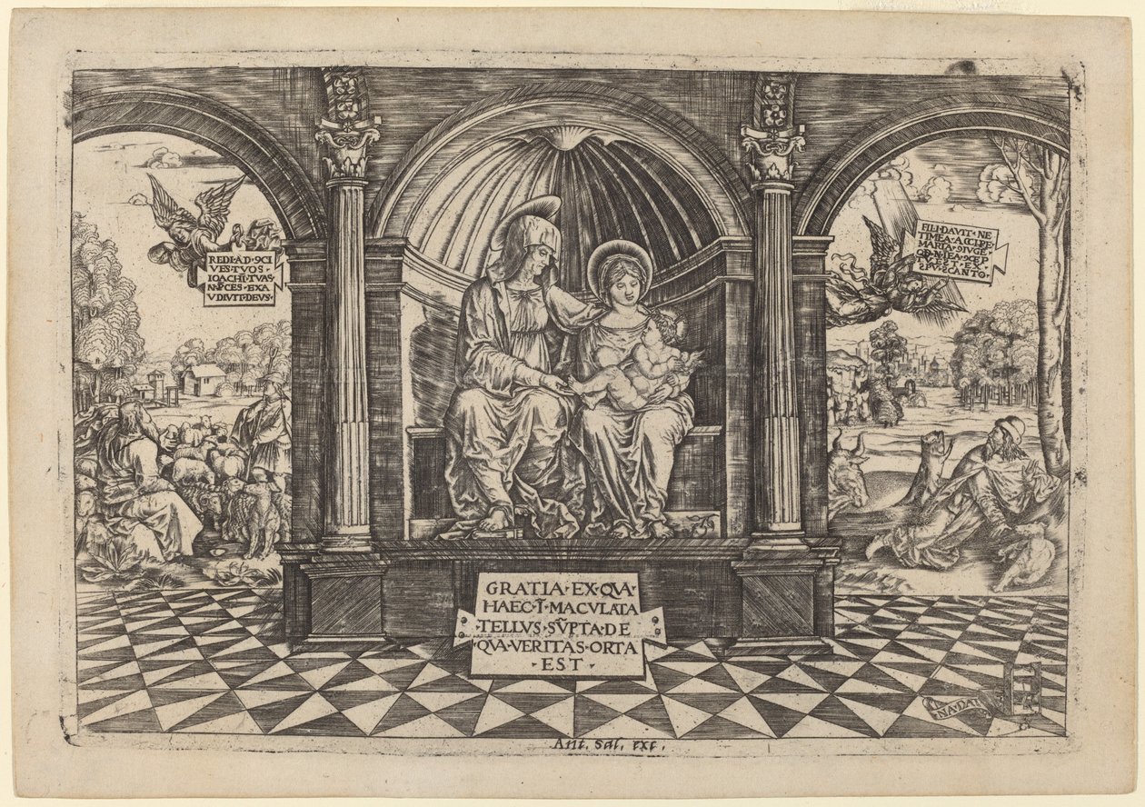 Virgin and Child Enthroned with Saint Anne by Master NA.DAT with the Mousetrap