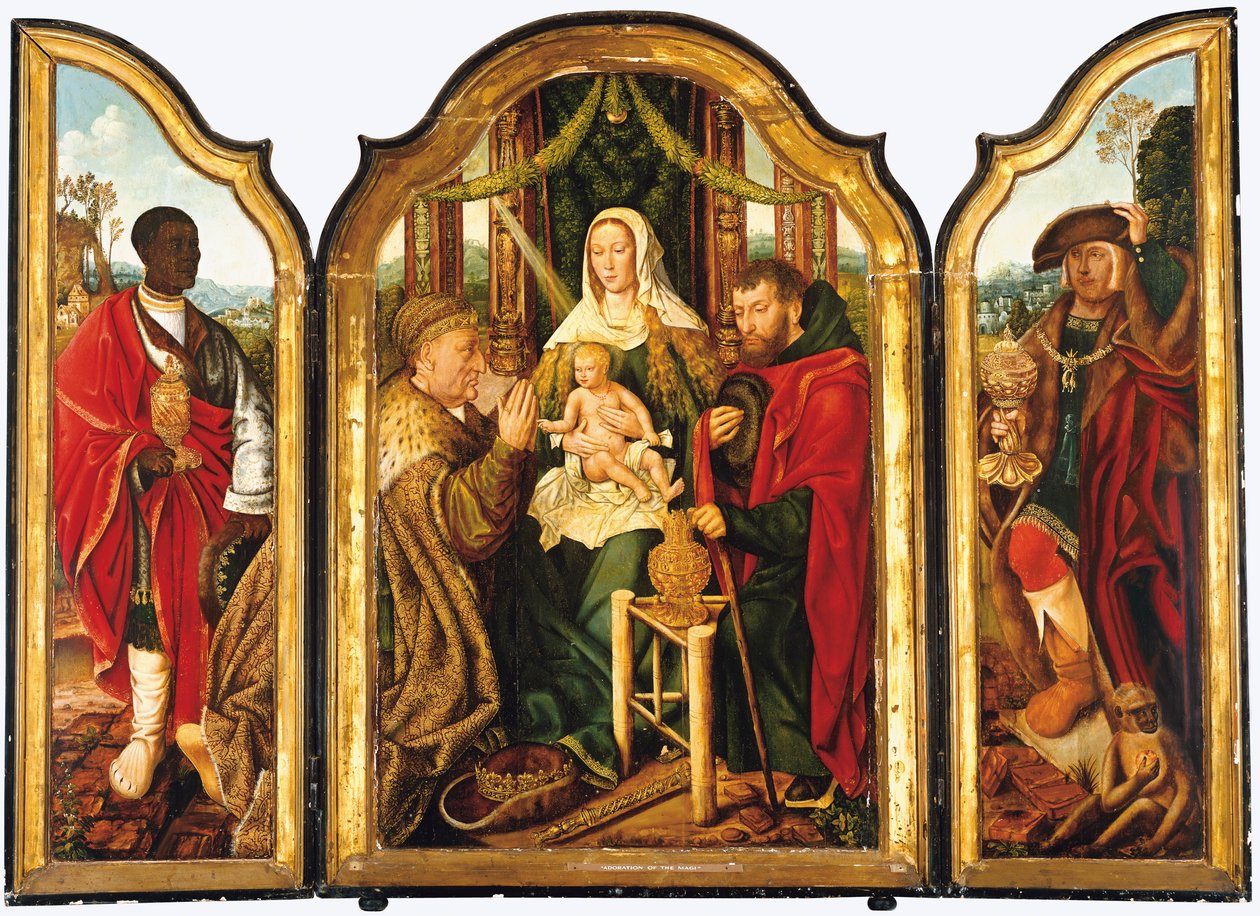 The Holy Family with Melchior offering gold to the Christ Child by Master of Frankfurt