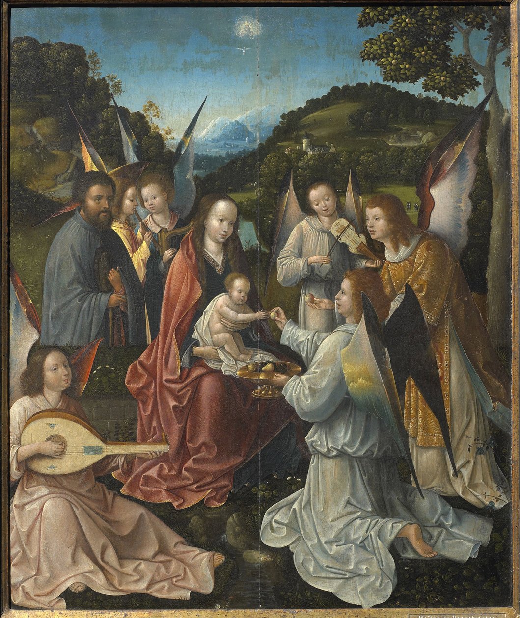 Holy Family with Angels and Saints Catherine and Barbara Triptych (central panel) by Master of Hoogstraeten