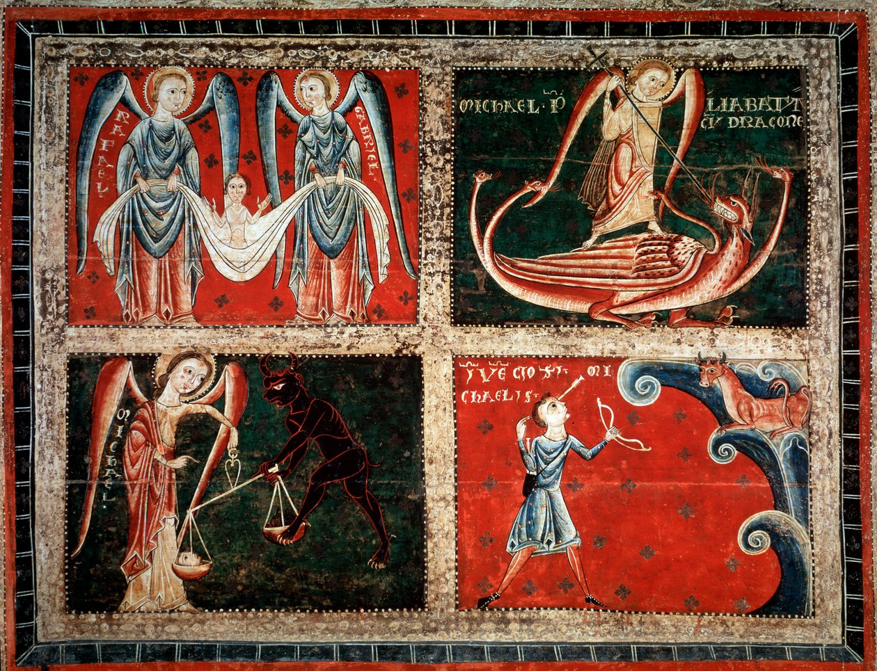 The Archangels Raphael, Michael, and Gabriel by the Master of Llussa (1220-1250). From the Monastery of Santa Maria de Lluca, Spain. Museu Nacional d
