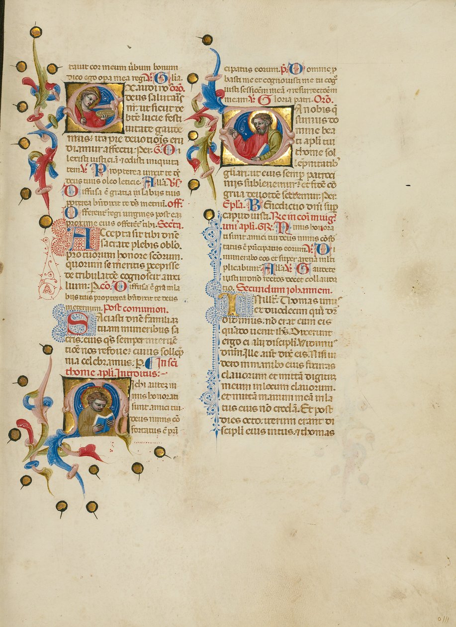 Initial E: Saint Lucy; Initial M: Saint Thomas; Initial D: Saint Thomas Preaching by Master of the Brussels Initials
