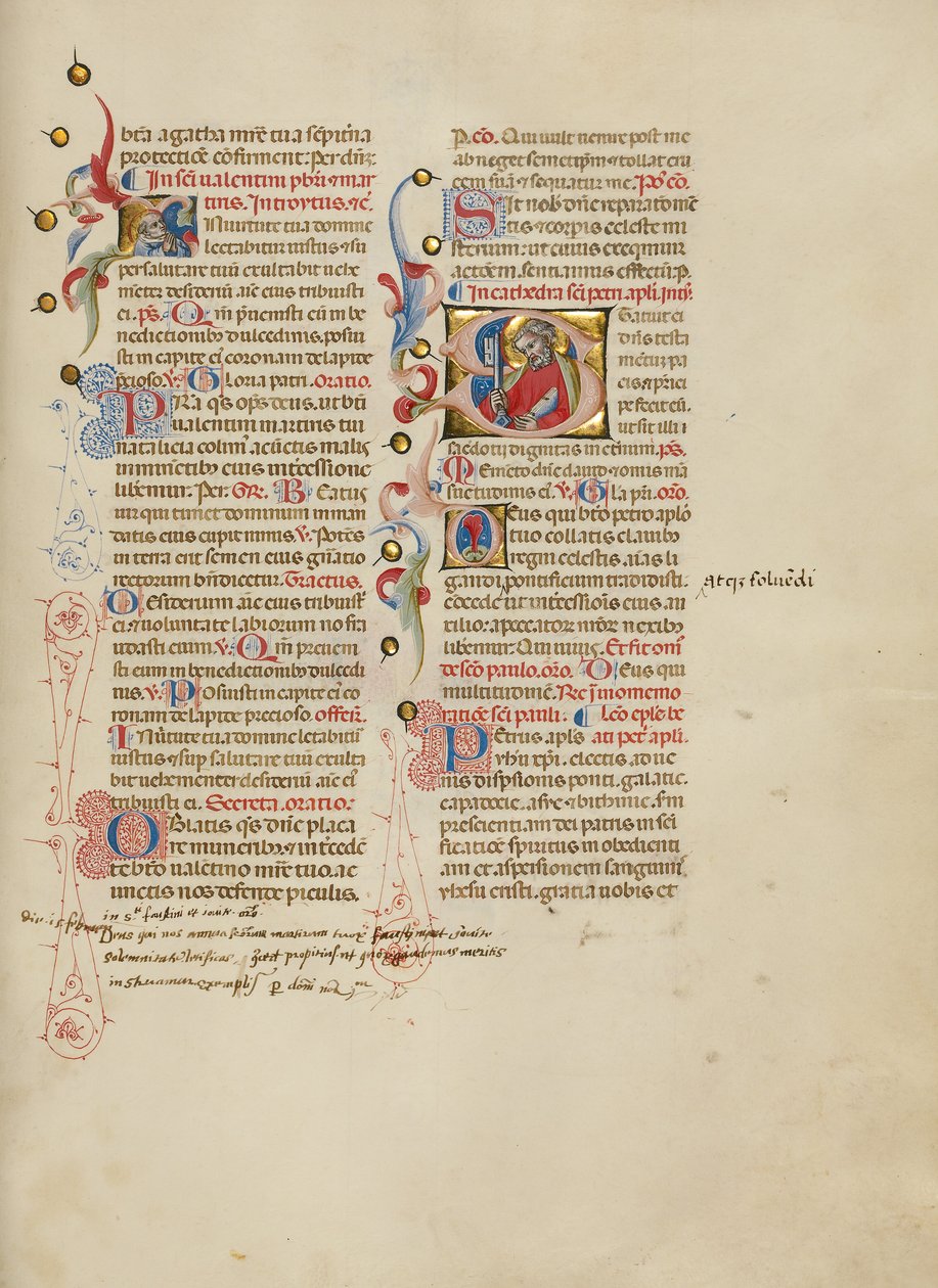Initial I: Saint Valentinus; Initial S: Saint Peter by Master of the Brussels Initials