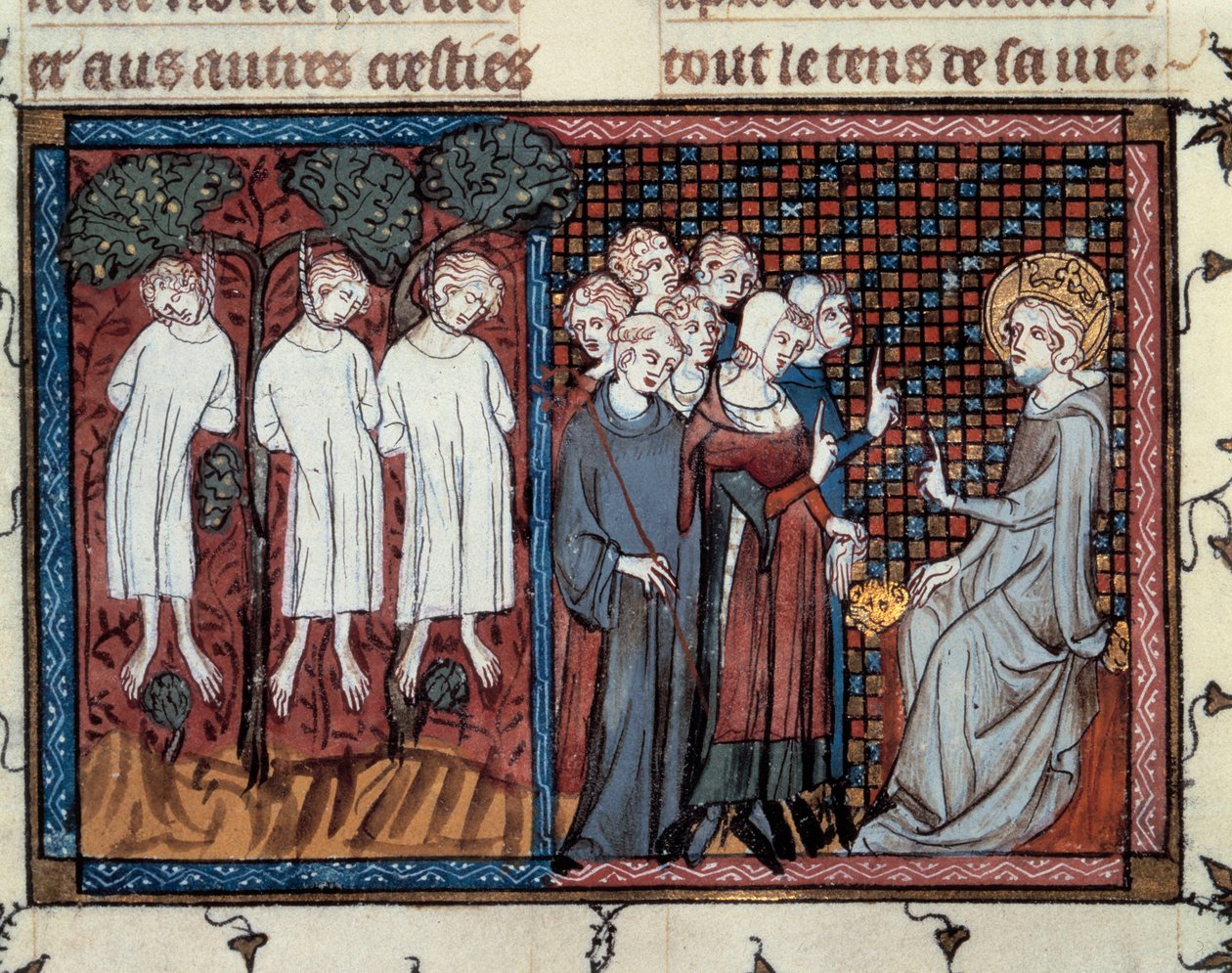 Executions ordered by Enguerrand IV de Coucy. Louis IX rendering justice. Miniature of Mahiet in 