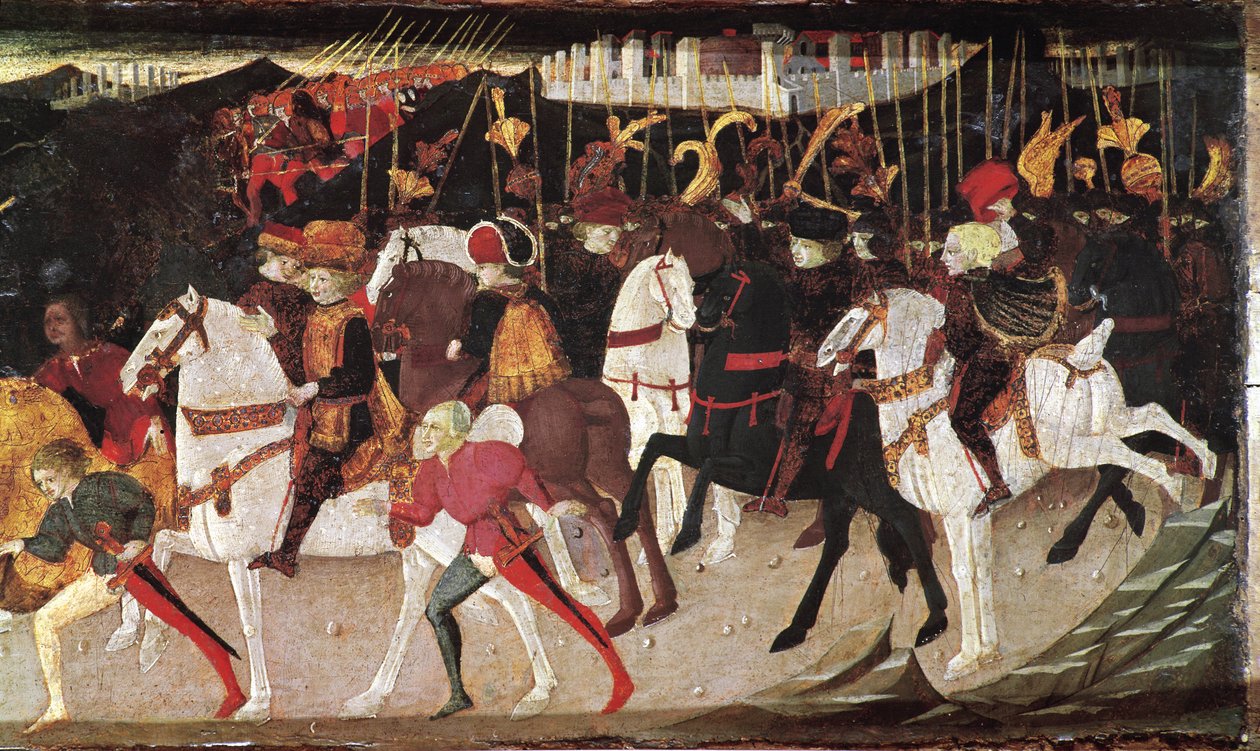 Decameron by Boccaccio: story of Alatiel, daughter of the sultan of Babylon Beminedab, detail representing horsemen and pages by Master of the Cassoni
