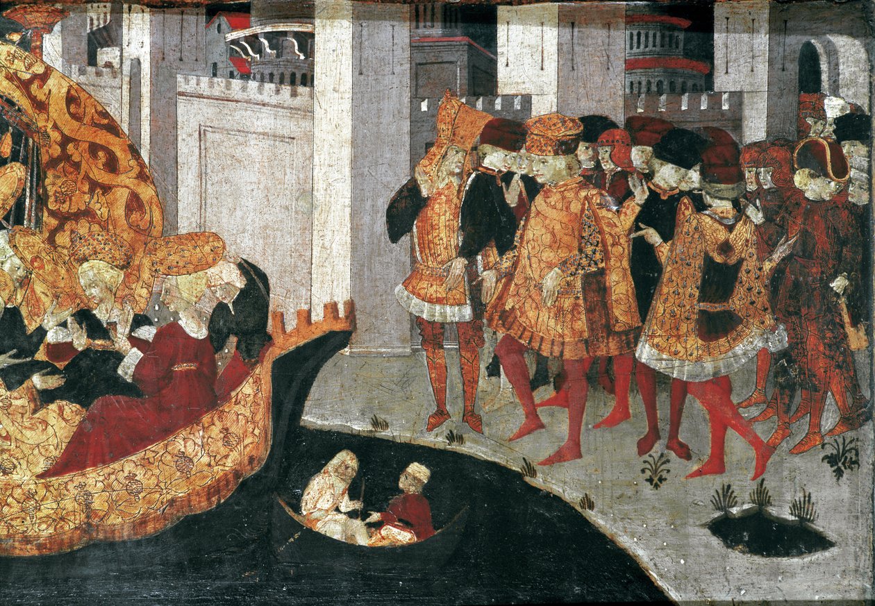 Decameron by Boccaccio: the Chatelain Pericone welcomes Alatiel, daughter of the sultan of Babylon Beminedab and her suite on the island of Mallorca by Master of the Cassoni