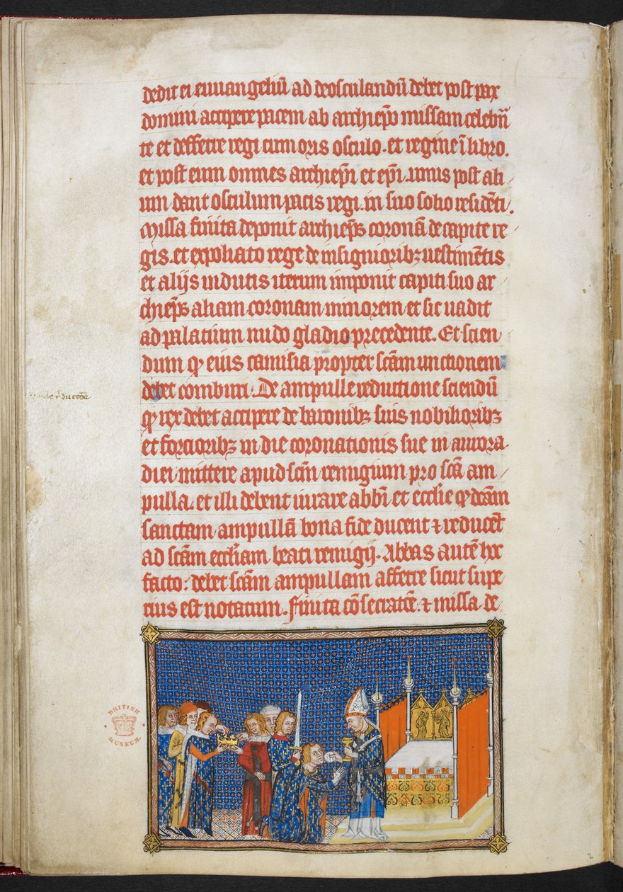King Charles V Kneeling as the Archbishop of Rheims Places the Communion Wafer in His Mouth (illustration from The Coronation Book of Charles V, King of France) by Master of the Coronation Book of Charles V