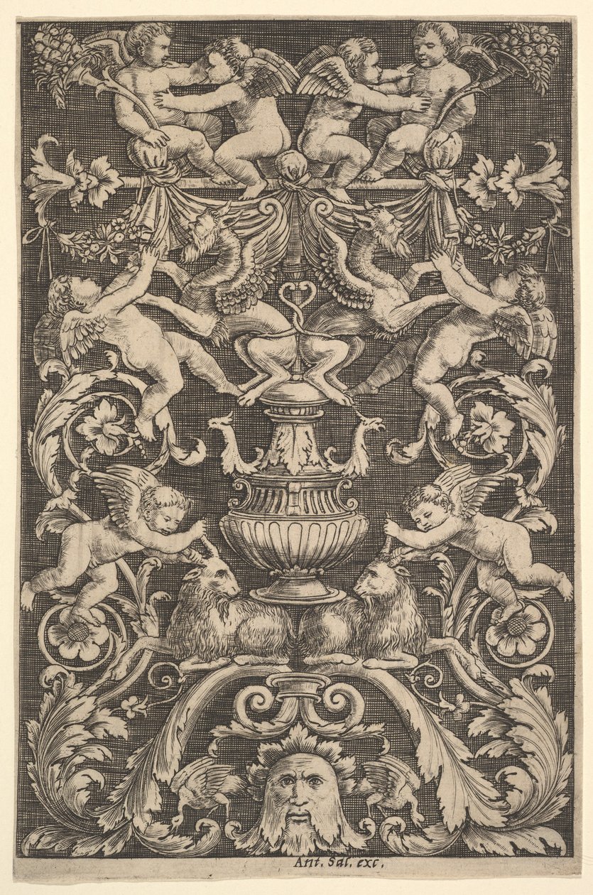 A panel of ornament with putti, goat and other figures by Master of the Die
