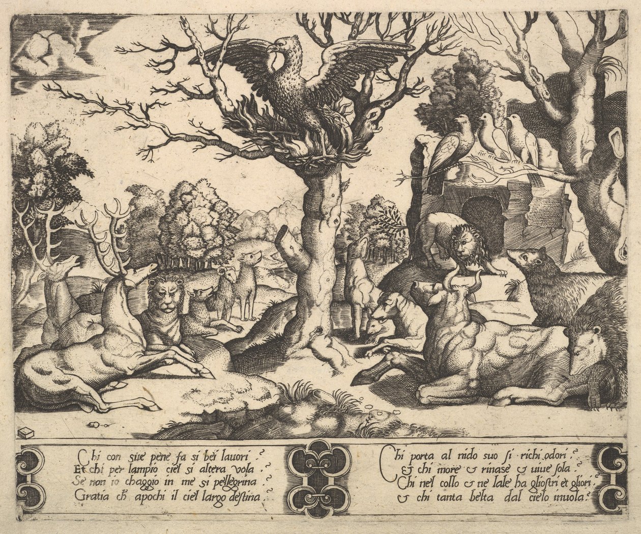 A Phoenix Sat Atop a Tree, Wings Open, an Assortment of Animals Below by Master of the Die
