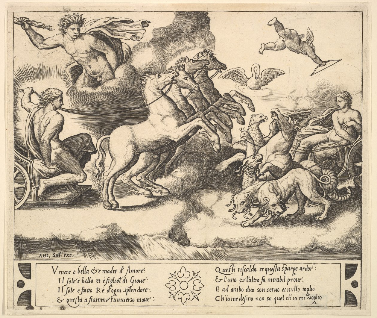 Apollo in His Horse-Drawn Chariot at the Left, Above Him Jupiter Hurls a Thunderbolt by Master of the Die
