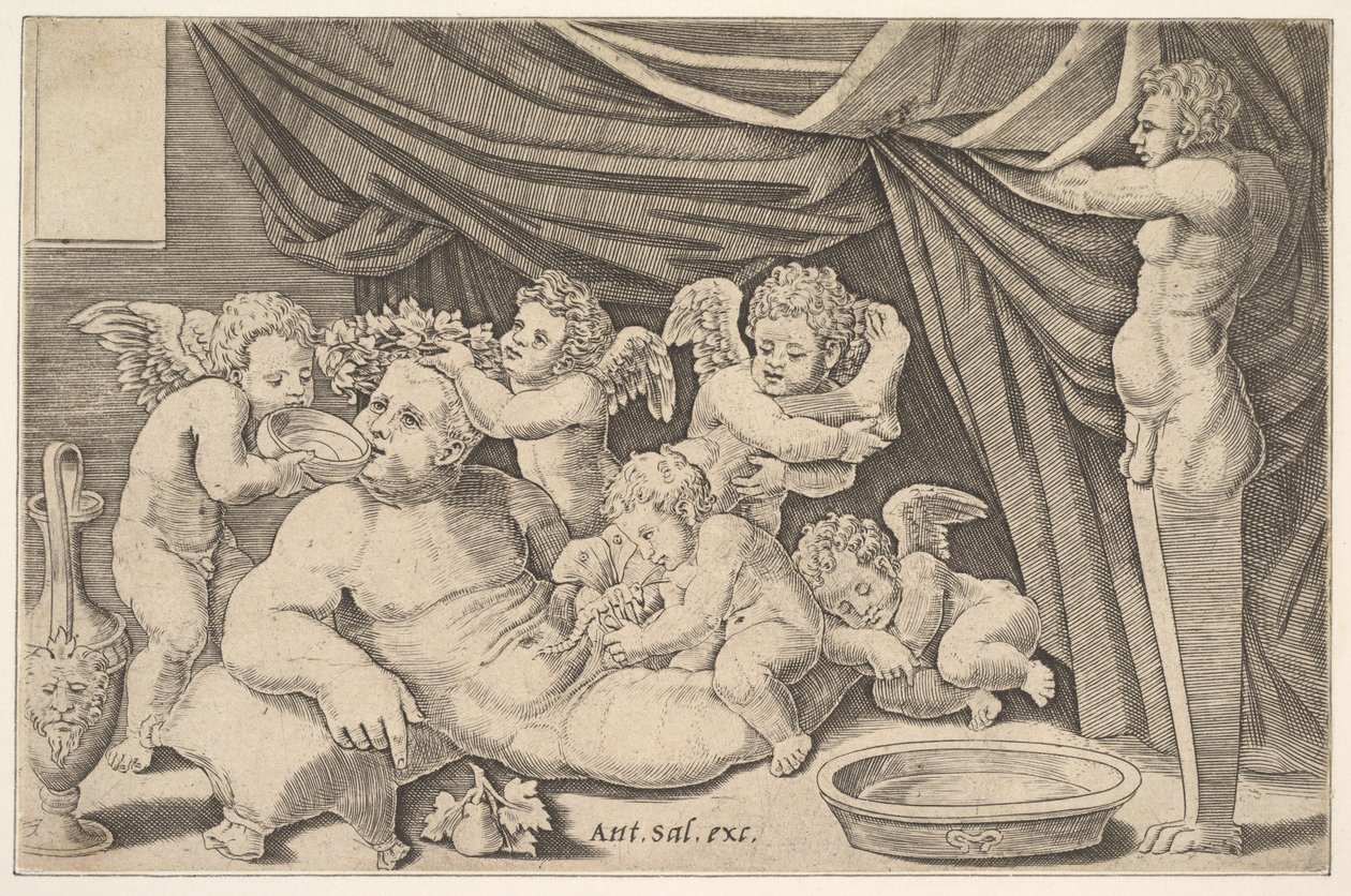 Bacchus surrounded by Putti, a statue of Priapus at right, 1530-60 by Master of the Die
