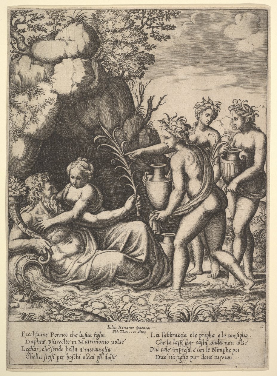 Daphne Embracing Her Father, the River-God Peneus, at the Left Three Nymphs Bring Jars, 1530-60 by Master of the Die
