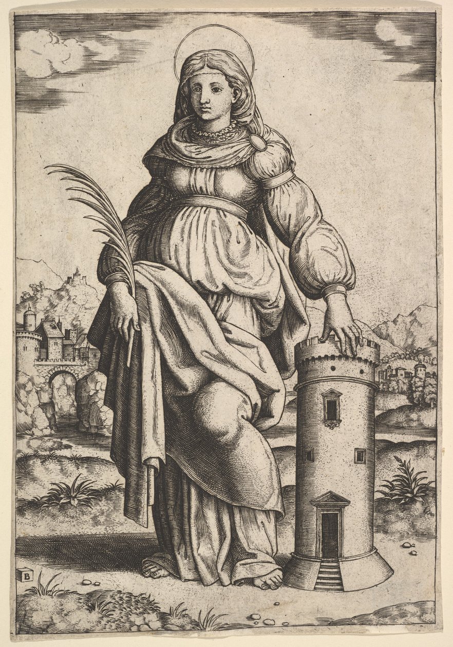 Saint Barbara standing, palm in her right hand, resting her left hand on a tower by Master of the Die