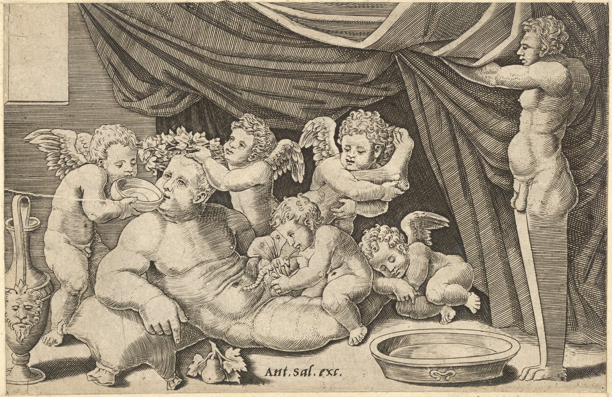 Speculum Romanae Magnificentiae: Bacchus Surrounded by Putti with Priapus by Master of the Die